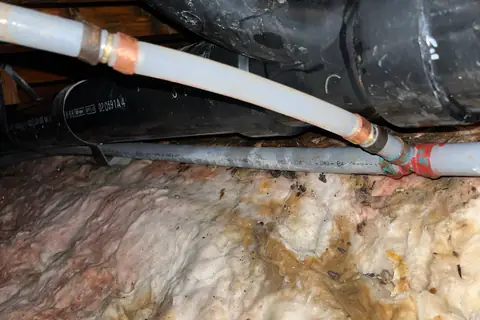 Water lines repaired with PEX among the joists and drain pipes of a crawl space